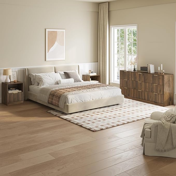 9 Drawer Dresser & Nightstand Set 3-Piece, 63” Wide Bedroom Dresser Set Night Stand Set of 2 with Metal Handle, Fluted Modern Wood Chest of Drawers Storage Dressers Set for Bedroom, Walnut
