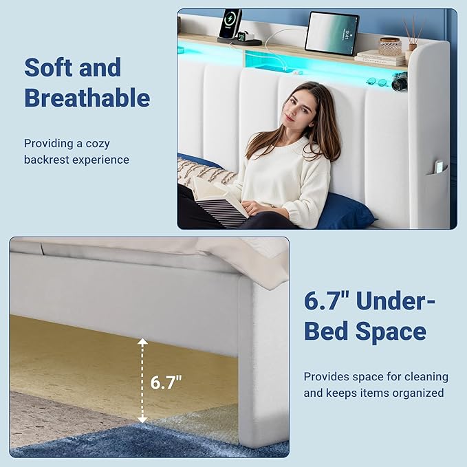 Allewie Velvet Vertical Tufted Full Size Upholstered Platform Bed Frame with 2-Tier LED Storage Headboard & 2 Storage Drawers, USB & Type-C Charging Ports, Noise-Free/No Box Spring Needed, White