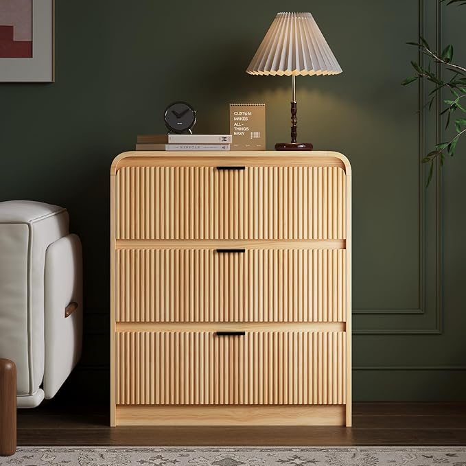FURSUN 32" Tall Fluted Nightstand Set of 2, 3 Drawers Wooden End Table w/Storage, Curved Profile Design, Modern Bedside Table for Bedroom, Natural Oak