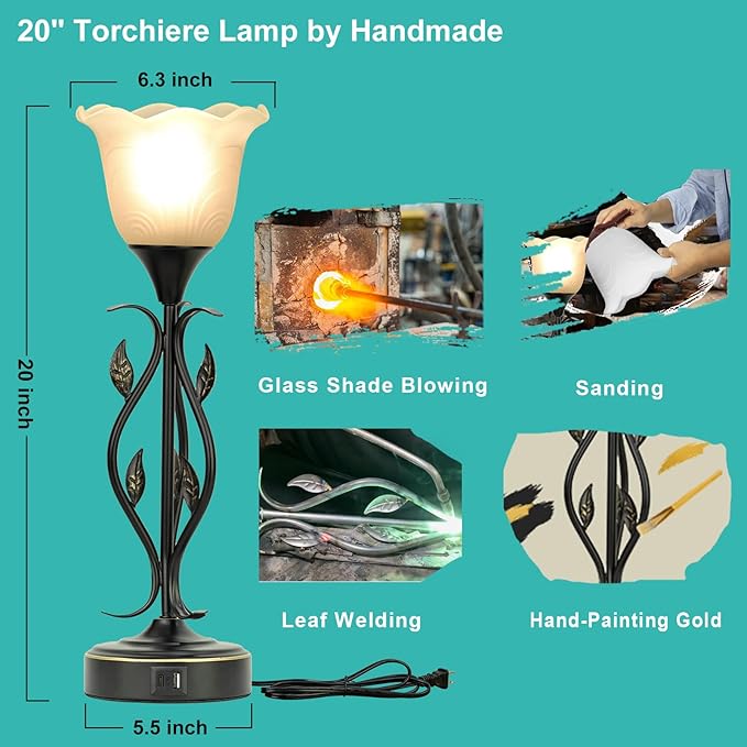 Bedside Lamps Set of 2, Table Lamp with USB Port 3 Way Dimmable Touch lamp Torchiere Nightstand Lamps with Rustic Vines Leaf and Glass Flower Shade lamp for Bedroom, Living Room, Office