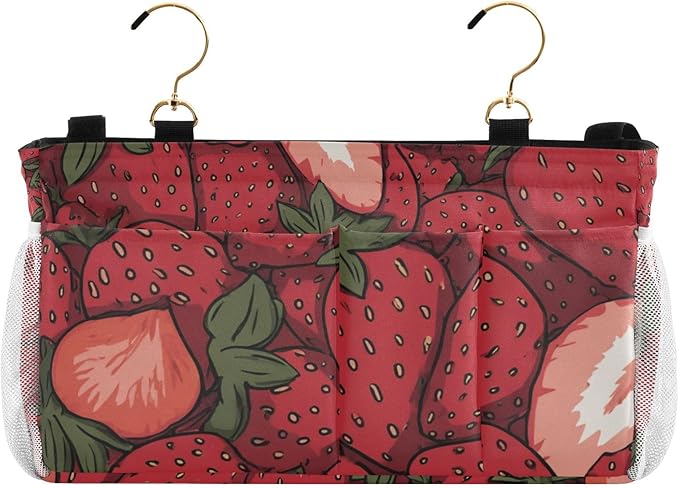 Bedside Caddy Hanging Bunk Bed Caddy Bed Organizer Hanging Pocket with 2 Hooks Bedside Storage Organizer Pocket Bag Holder Cartoon Red Strawberry