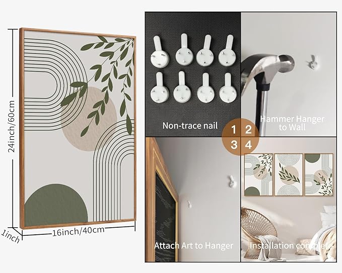 Yeehomedec Boho Sage Green Framed Canvas Wall Art, Mid Century Modern Wall Decor, Large Minimalist Botanical Art Print, Abstract Geometric Line Leaf Art Painting for Bathroom Living Room Bedroom Office 16"x24"x3