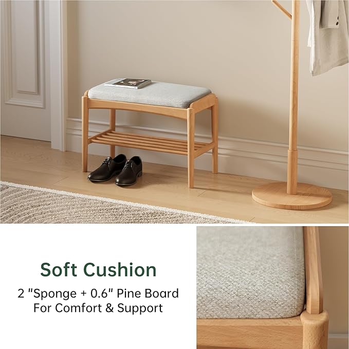 Solid Wood Shoe Bench, Shoe Rack Bench Assembled with Cushion for Entryway, Hallway, Bedroom, Living Room, Beech Wood, 11.8" x 23.6" x 16.5", Natural