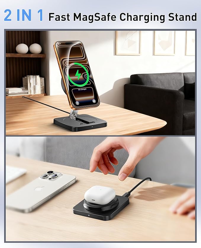 Magnetic Wireless Charger, [2 Pack] 15W Foldable Fast Charging Stand for iPhone 17/16/15/14/13/12 Series/AirPods 3/2/Pro 2/3, Samsung Wireless Charger Station for Galaxy S25 Ultra/S24/S23/S22/S21/S20