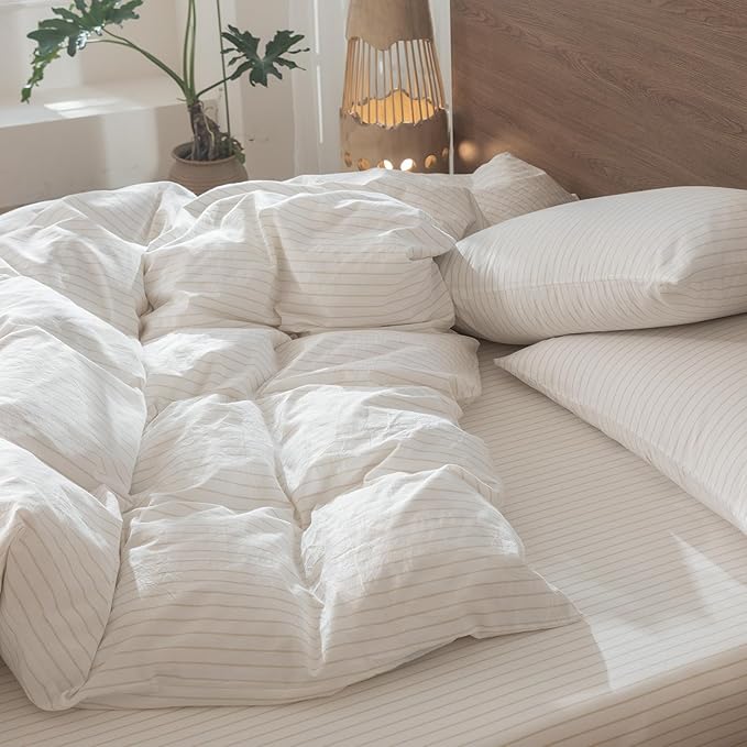 MooMee Striped Duvet Cover Set 100% Washed Cotton Linen Like Textured Breathable Durable Soft Comfy (White Almond Milk Grey Wide Stripes, Oversized Full 82"x86")