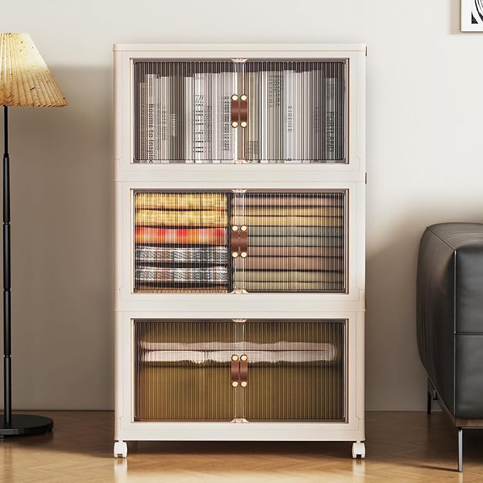 SAILUN 95Gal/381Qt Stackable Storage Bins Folding Collapsible Storage Bins with Lid, Closet Organizers and Storage Box with Door Beige 28" W x 17" D x 46" H