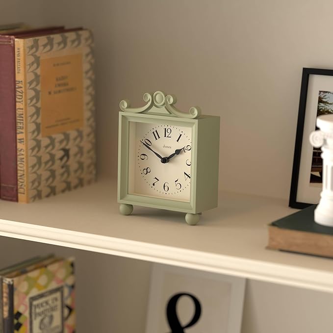JONES CLOCKS® Parlour Mantel Clock | Classic Carriage Clock | Sage Green | Elegant Square Decorative case, Perfect for Mantel, Shelf, Table or Bedside