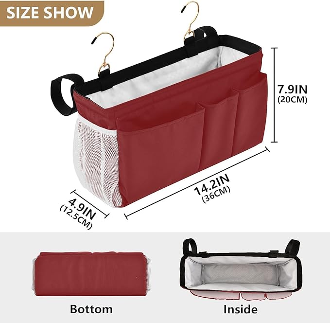 KOPIRIT Navy Red Bedside Caddy Storage Bag Bedside Organizer for College Dorm Top Bunk Bed Hanging Storage Organizer 6 Pockets with Hooks for Drinks Magazine Phone Holder