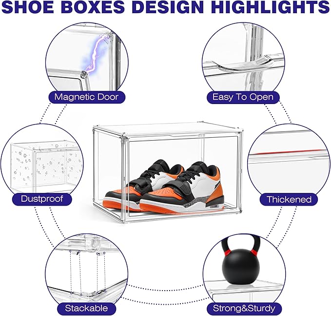 Shoe Storage 6 Pack Size 13 Acrylic Clear Shoe Storage Box Stackable Large Sneakers Display Case with Magnetic Door Hat Boxes Shoe Organizer for Closet