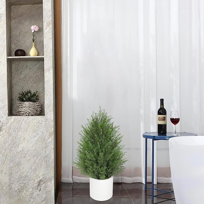 Briful 27” Artificial Cedar Topiary Tree in White Planter – Realistic Faux Evergreen Faux Floor Plant with Layered Leaves, Decorative Indoor Outdoor Potted Shrub for Home, Office, Patio, Porch