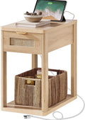 LEYAOYAO Narrow Side Table with Charging Station, 24x14''Rattan Night Stand with Drawer Storage, Natural Wood Bedside End Table for Small Spaces, Boho Nightstand for Living Room Bedroom