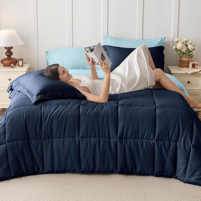 JOLLYVOGUE King Comforter Set, Ultra-Soft Bed in a Bag King Size 7 Pieces, Oeko-TEX Certified Bedding Set with Down Alternative Comforter, Sheets, Pillowcases & Shams, Navy & Light Blue