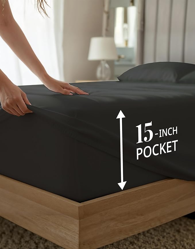 100% Egyptian Cotton Sheets Queen Size Bed Set – 1000 Thread Count Naturally Cooling & Breathable Sateen Queen Sheets Set, Long-Staple Cotton for Lasting Softness, Snug Fit 15" Deep Pocket - Black