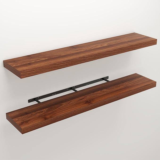 Floating Shelves for Wall, 9.3" Deep Wall Mounted Rustic Wood Shelves for Bathroom, Bedroom, Living Room, Kitchen, Hanging Shelf for Books/Storage/Room Decor (Walnut, 48")