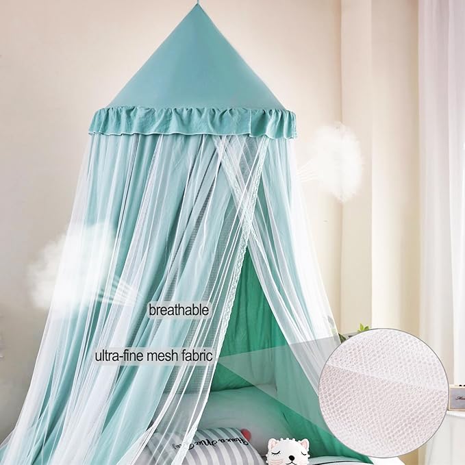 Kertnic 31.5inch Large Dome Bed Canopy for Girls, Double Layer Dreamy Ruffle Princess Canopy, Bedroom Hanging Tent Kids Reading Nook Canopies,Full Queen Bed Canopy Curtain (Green)