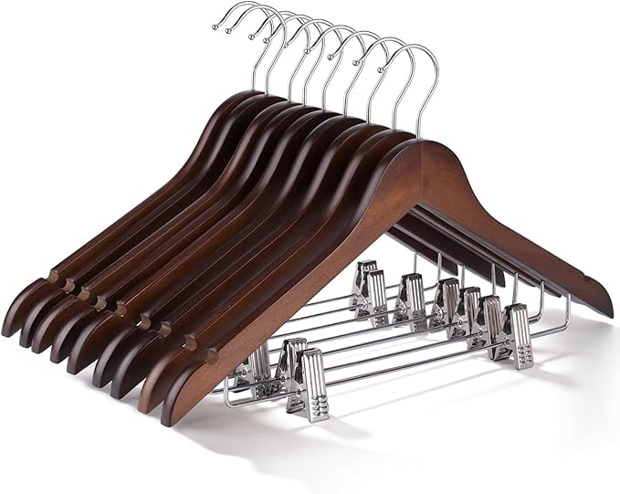 Wooden Hangers with Clips 12 PCS Pant Hangers with Clips,Smooth Solid Wooden Pants Hangers,360 Swivel Hooks & Adjustable Clips,for Jeans,Skirt,Suit,Shorts,Scarf.（Walnut）