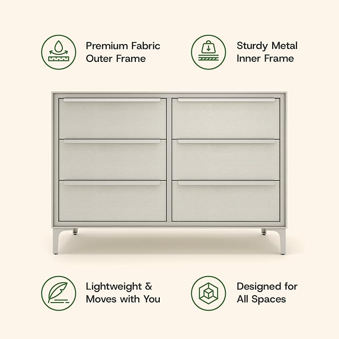 Naima Premium Fabric Dresser - Strong Metal Frame, 6 Spacious Sag-Proof Drawers with Sleek Metal Handles - Premium & Durable Storage Solution for Your Home (Beige)
