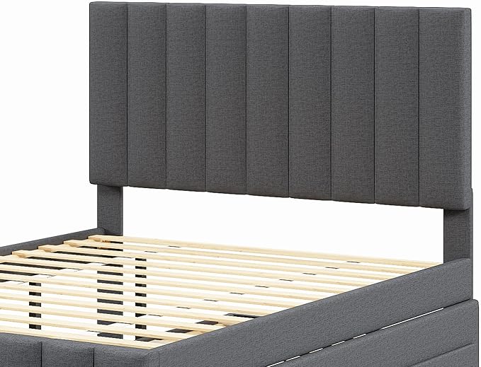 Bellemave Full Size Bed Frame with Twin Trundle Bed and Storage Drawers,Linen Upholstered Bed Frame,Full Size Trundle Bed with Adjustable Headboard for Kids Teens Adults,Gray