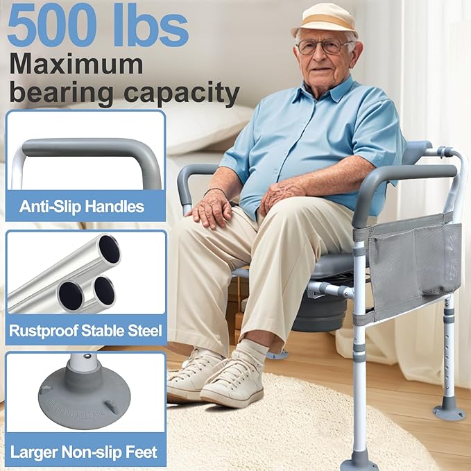Aliseniors Heavy Duty Bedside Commode, 500lbs Extra-Wide Bariatric Commode Chair for Adults & Seniors, Portable Toilet Seat with Arms, Adjustable Potty Chair Bucket with Lid, Tool-Free Assembly