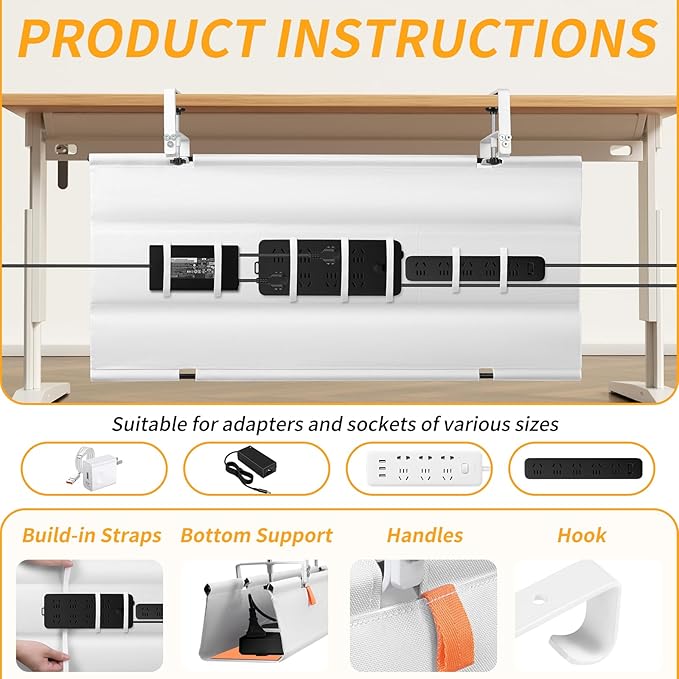 No Drill Under Desk Cable Management Tray, 36" Cord Organizer with Clamp, Fabric Cable Management for Standing Desks, Ideal for Home & Office - White