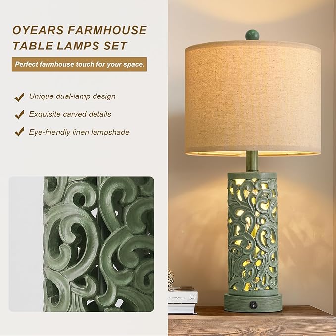 OYEARS 22'' Table Lamp Set of 2 for Living Room, Farmhouse Lamp for Bedroom, Vintage Bedside Lamps with Retro Design and USB Ports, Linen Shade for Home Office (Bulb Included, Green)