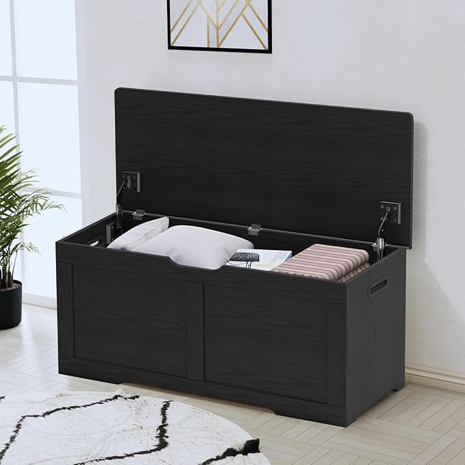 Timberer 39.4" Storage Chest, Wooden Storage Bench, Lift Top Toy Chest with 2 Safety Hinges, Large Toy Box, Entryway Bench for Living Room, Bedroom, Black