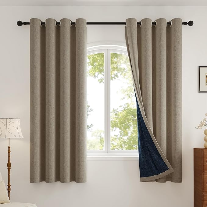 100% Blackout Curtains Thick Soft Curtain 2 Panels Set for Small Bedrooms/Children's Rooms, Linen-Look Textured Full Light Blocking Room Darkening Thermal Insulated Drapes (W52xL54, Taupe)
