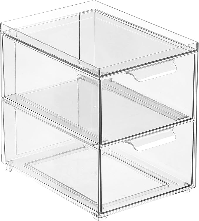 mDesign Stackable Storage Containers Box with 2 Pull-Out Drawers - Stacking Plastic Drawer Bins for Kitchen Pantry and Cupboard, Cabinet, Counter, Island and Tables - Lumiere Collection, 4 Pack, Clear
