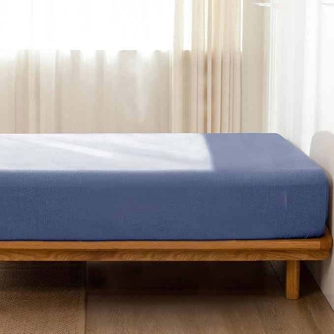 MooMee Fitted Bottom Sheet Only 100% Washed Cotton Linen Like Textured Breathable Durable Soft Comfy Deep Pocket Fits Mattress up to 17" (Blue, Twin)
