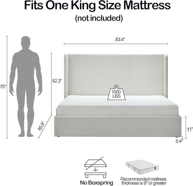 King Size Upholstered Bed Frame, Harper 54" Tall Headboard Platform Beds, Wingback Headboard Bedframes/No Box Spring Needed/Easy Assembly/Elegant Simplicit, Textured Ivory Canvas Chenille