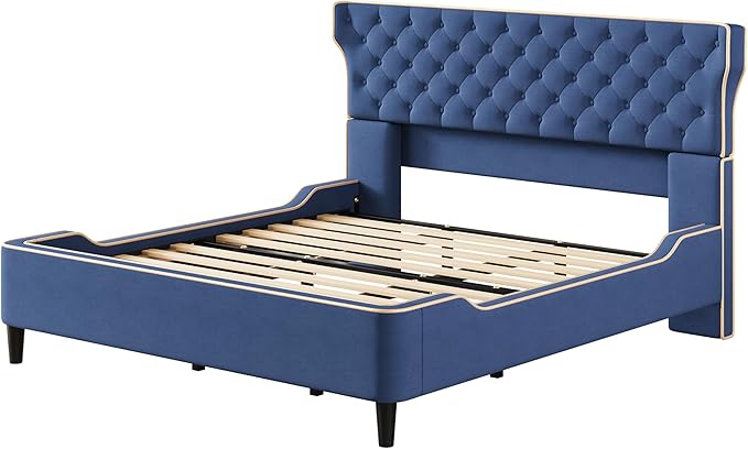 Christopher Knight Home Salus Linen Upholstered King Size Bed Frame with Headboard, Modern King Bed Frame and Headboard, Wooden Slats Support, Easy Assembly, No Box Spring Needed, Blue