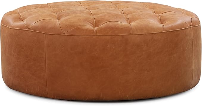 POLY & BARK Ascot Ottoman – 40" Round Pouf with Feather-Down Topper – Full-Grain Leather Upholstered Pouf Ottoman for Living Room – Vintage Italian Leather in Cognac Tan