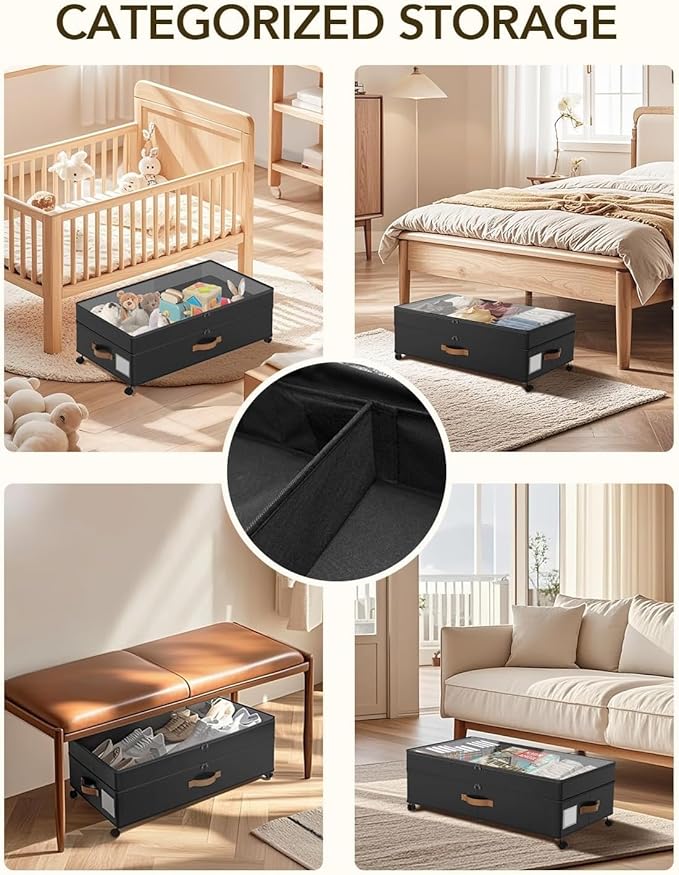 Under Bed Storage with Wheels, 72L XXL Under the Bed Storage Containers Large, 10‘’ Tall Adjustable Storage for Underbed with Lids