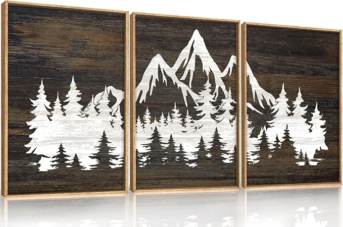 LHIUEM Large Mountain Tree Framed Canvas Wall Art Set,Modern White Forest Art Printing Country Minimalist Wood Wall Decor Farmhouse Zen Artwork for Living Room Bedroom Office-16 x24 x3
