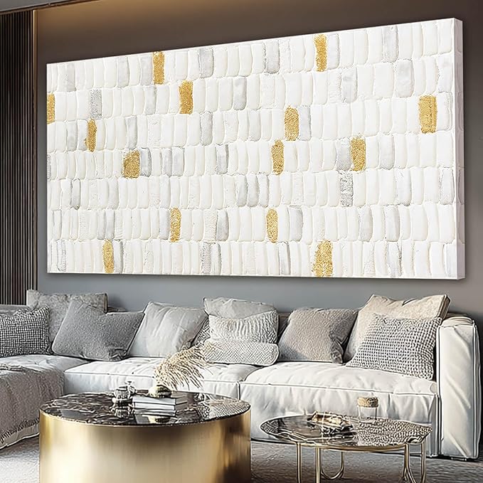 YETHEN WAL White and Gold Textured Wall Art 29x58, Hand-Painted Neutral Abstract Canvas, Gold Leaf Minimalist Oversized Wall Decor for Living Room Bedroom Office