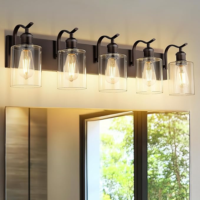 5 Light Bathroom Vanity Light, Morden Bath Lights Over Mirror Oil Rubbed Bronze Bathroom Sconce Lights with Clear Glass Shade ZCVL01ORB-5