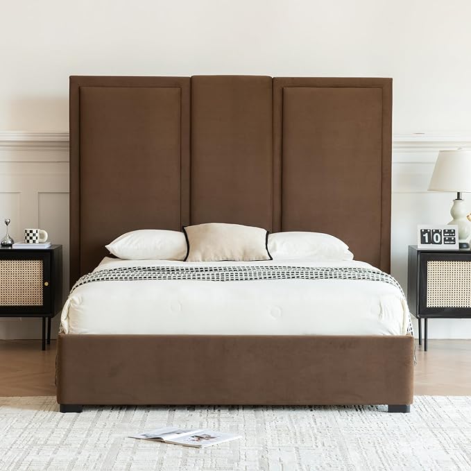 YUHUASHI Queen Size Bed Frame with 64-inch High Headboard, Simple and Airy Linen Upholstered Platform Bed with Storage Drawers, Wood Slat, No Noise (Brown, Queen)