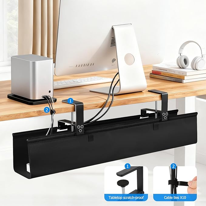 Under Desk Cable Management Tray - Heavy Duty No-Drill Clamp & Screw Mount, 36-Inch Cord Organizer for Home Office, Gaming Setup & Study Room, Holds Power Strip & Large Adapters