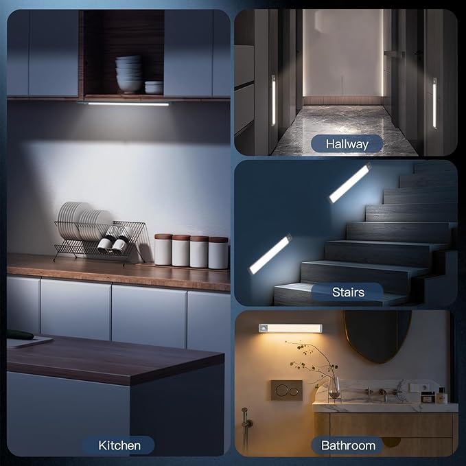 10inch Under Cabinet Lighting with 3 Color Temps, 2 Pack Rechargeable Motion Sensor Light Indoor, 5 Levels Dimmable Magnetic Closet Lights, Wireless Under Counter Lights for Kitchen, Stairs