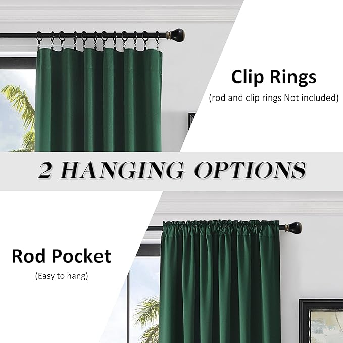 DONREN 108 inch Extra Length Curtains for Bedroom - Rod Pocket Smooth Tactility Blackout Window Panels for Patio (52 W x 108 L,Dark Green,2 Pieces)