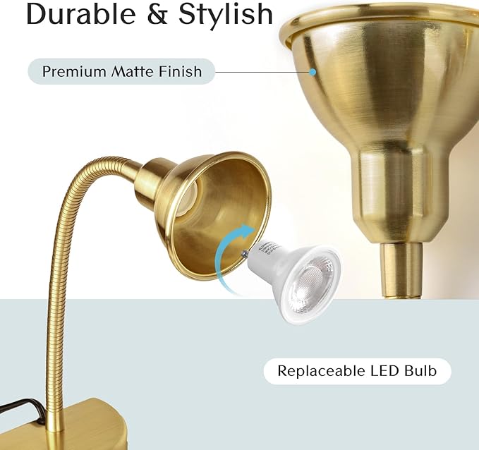 Solfres Patented Innovative Design Headboard Reading Light. No Drilling Golden Book Light for Bedtime Reading. Dimmable LED Book Reading Lamp with Bulb. Movable & Flexible, Gold