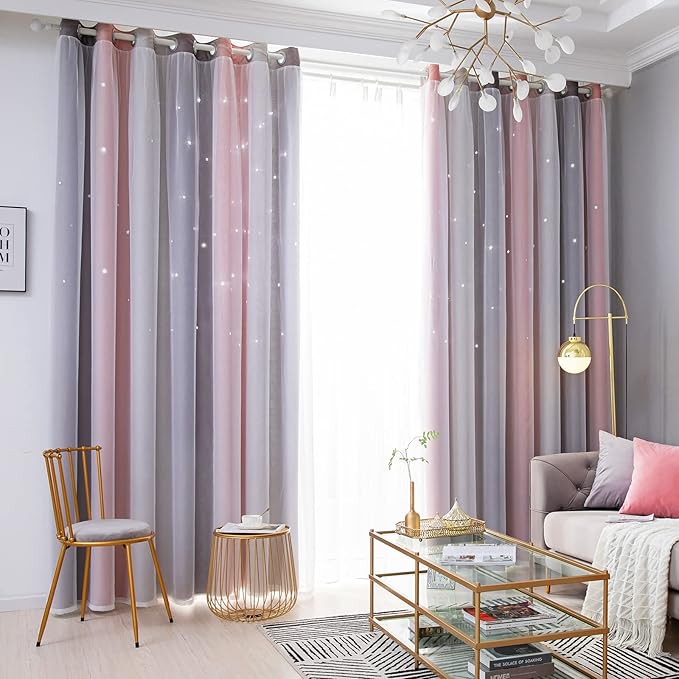 Star Kids Room Curtains, 63 Inch Length, 2 Panels, Light Blocking, Nursery & Girls Style