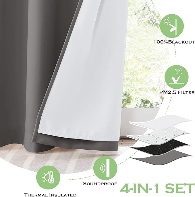 KGORGE Anti Dust Soundproof 100% Blackout Curtains 4 Layers Heavy Duty Energy Efficiency Window Curtains for Living Room Baby Bedroom Home Office Studio, Wide 52 x Long 90 inches, Grey, 2 Panels