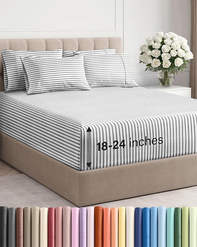 Extra Deep Full Sheet Set - 6 Piece Breathable and Cooling Sheets - Hotel Luxury Bed Sheets Set - Easy Fit - Soft, Wrinkle Free and Comfy Sheets Set - Grey Striped Sheet Set with Extra Deep Pockets