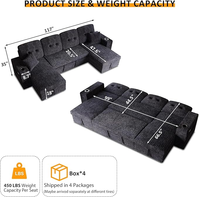 117" Sleeper Sofa Bed, U-Shaped Sofa with Dual Reversible Storage Chaise | Adjustable Backrest | Wide Armrest, Sectional Couches for Living Room, 4 in 1 Pull Out Couch Bed, Navy Blue Chenille