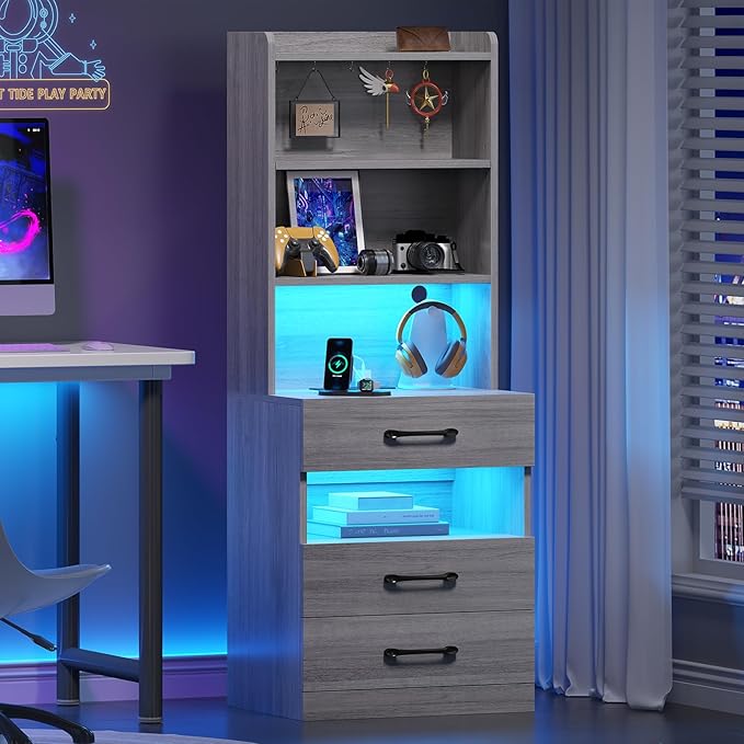 VIAGDO Tall Nightstand Set of 2 with Charging Station and LED Lights, Grey Night Stand Set 2 with Bookshelf, Modern LED Bedside Tables with 3 Drawers and Storage Shelves, Side Tables for Bedrooms