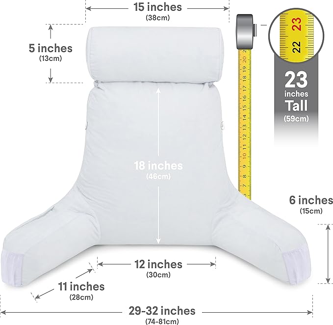 Husband Pillow Medium White, Backrest for Kids, Teens, Petite Adults - Reading Pillows with Arms, Adjustable Loft, Plush Memory Foam, Bed Rest Chair for Sitting Up, Detach Neck Roll, Removable Cover