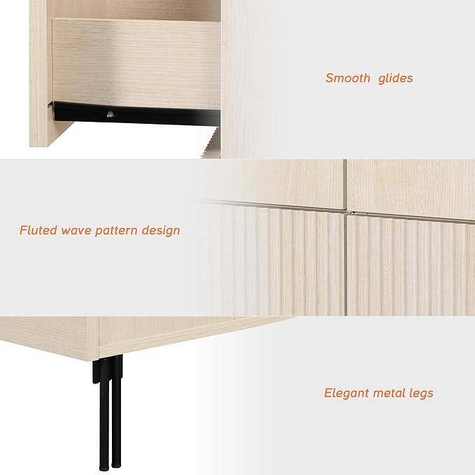 WAMPAT 94.5" W Fluted Dresser for Bedroom, Modern 9 Drawer Dresser TV Stand with Hidden Handles, Wooden Chest of Drawers Closet Clothes Storage Organizer for Bedroom, Living Room, Beige
