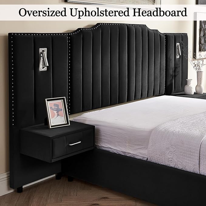 Luxury Queen Bed Frame with Headboard and Storage, Velvet Fabric Upholstered Platform Bed Frame Queen Size with LED Lights, Solid Frame & Bedside Table, No Box Spring Needed, Black