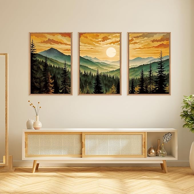 LHIUEM Large Boho Sunset Mountain Framed Canvas Wall Art,Retro Pine Tree Wall Decor,Nature Foggy Forest Wall Painting,Bohemian Landscape Artwork for Living Room,Bedroom,Dining Room,Office -24"x36"x3